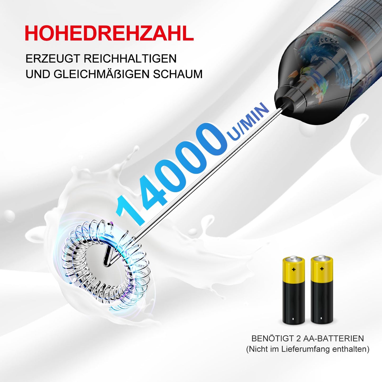 Bonsenkitchen Milchaufschäumer Stab – Handheld, Batteriebetrieben, Schwarz